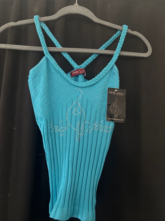 Baby Phat Tops - Baby Phat Turquoise Ribbed Tank with Braided Straps & Rhinestone Logo